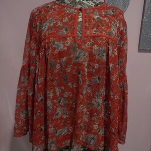 Lucky Brand Orange Floral Peasant Blouse Size XL
